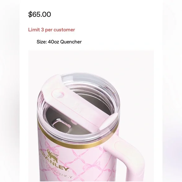 NEW Stanley 1913 x LoveShackFancy 40 OZ LIMITED EDITION Baby Bow Peppermint Pink - Picture 3 of 5